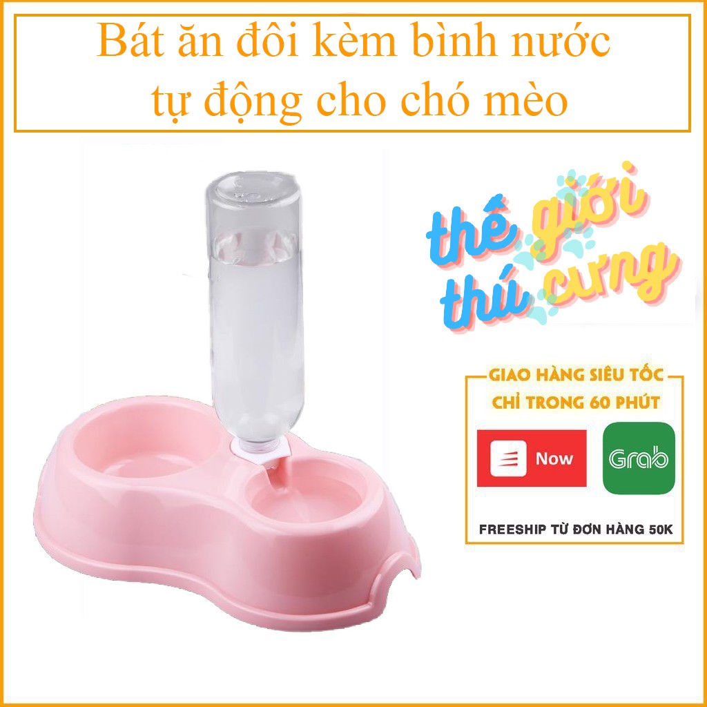 Bát ăn đôi kèm bình nước tự động cho chó mèo- tặng kèm bình nước 500ml