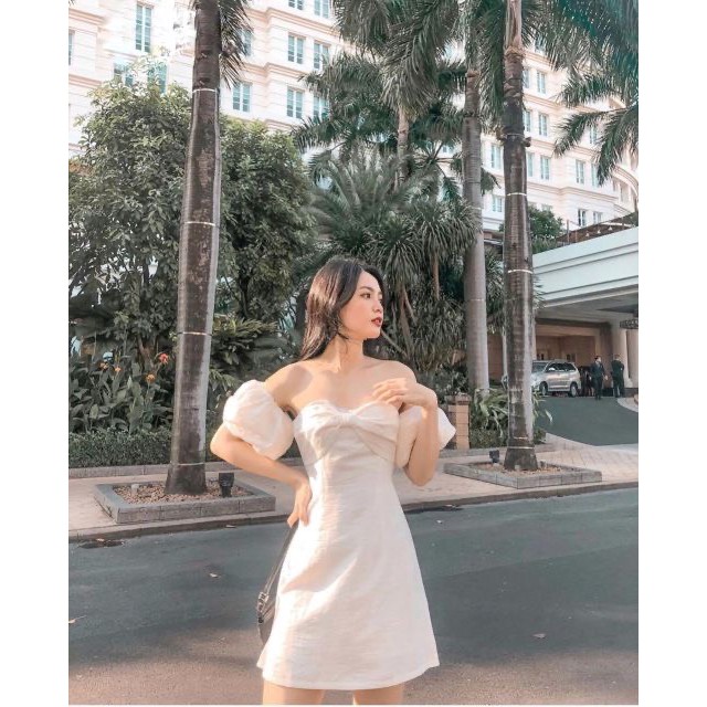 Đầm trắng cúp ngực hình nơ tay phồng - Miky Dress - dáng xòe tôn dáng - Pink moon store | BigBuy360 - bigbuy360.vn