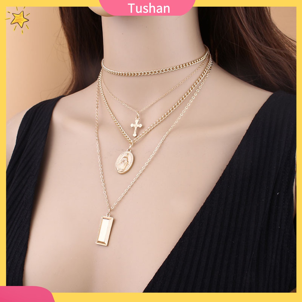 Vòng cổ choker mặt chữ thập nhiều lớp phong cách retro