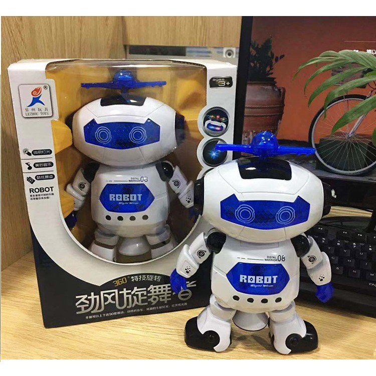 Đồ chơi Robot trắng xanh nhảy múa xoay 360 độ có đèn và nhạc