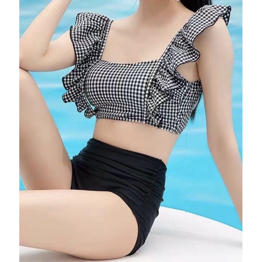 Bikini Gingham caro Hàn Quốc đồ bơi 2 mảnh cạp cao che bụng bèo ngực cho nàng ngực nhỏ mẫu mới hot trend