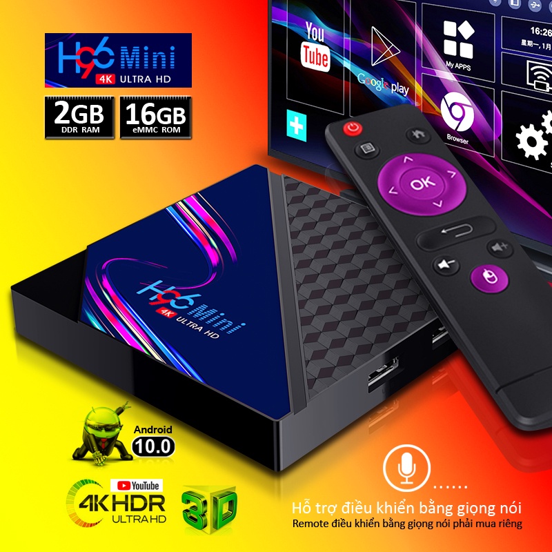 Tv box Rom 16G Ram 2G tìm kiếm giọng nói android tv box xem phim 4K chạy android10 bảo hành 1 năm H96miniV8 tivi box