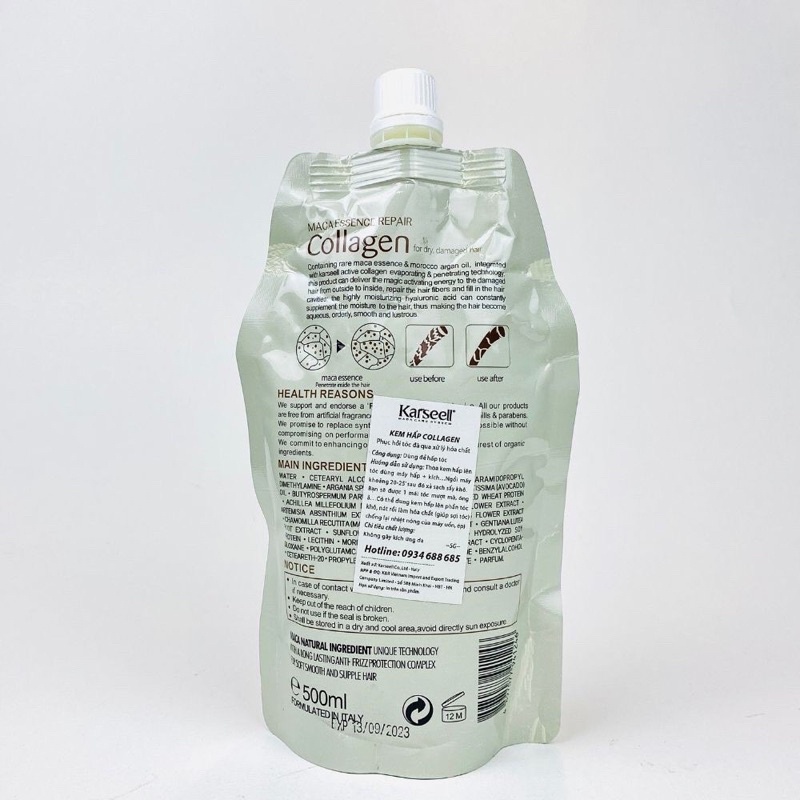Ủ TÓC - KEM Ủ TÓC PHỤC HỒI COLLAGEN KARSEELL DẠNG TÚI 500ML CHÍNH HÃNG