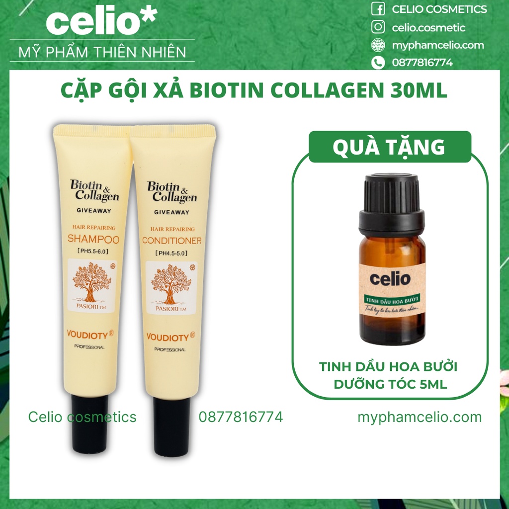 Dầu Gội Biotin Collagen 30ml TẶNG Xịt Dưỡng Tóc CELIO Giảm Rụng Tóc Hỗ Trợ Mọc Tóc Phục Hồi Tóc Khô Xơ Chính Hãng