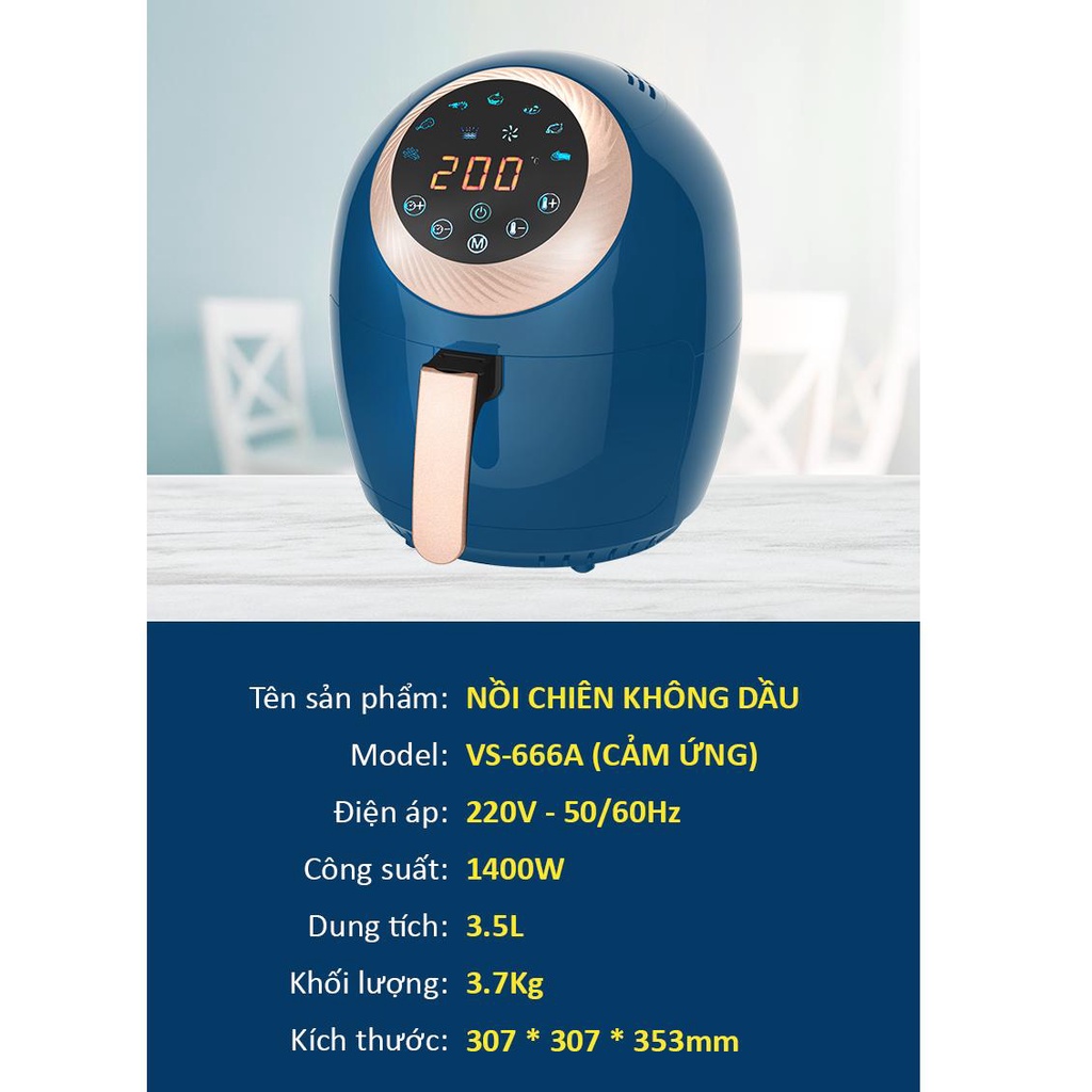 Nồi chiên không dầu 3.5L Tsuki VS-666A điều khiển cảm ứng, công nghệ gia nhiệt 3D tự động điều chỉnh duy trì nhiệt