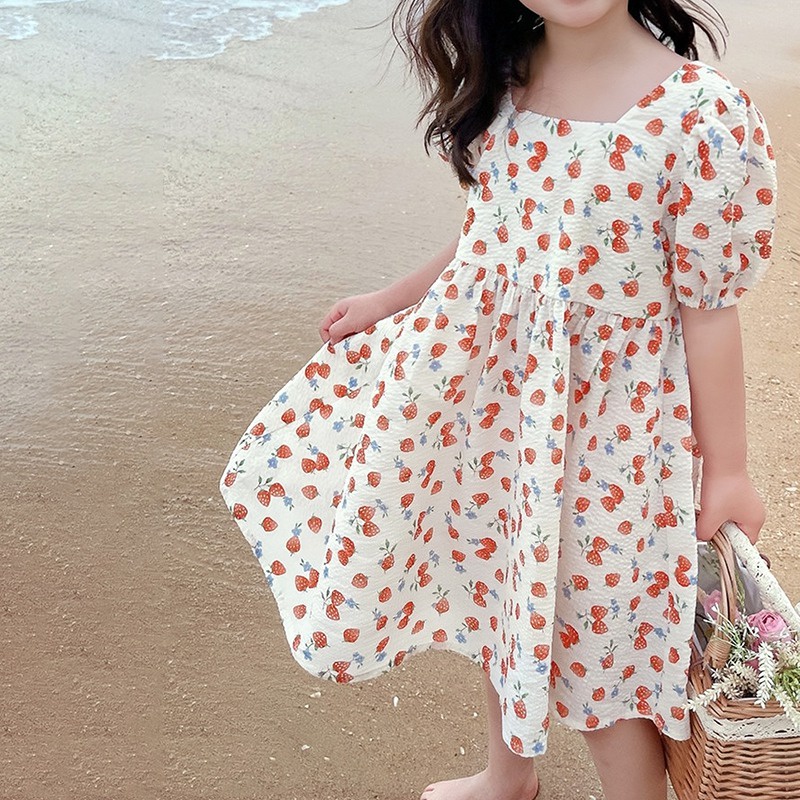 Đầm Công Chúa Tay Phồng Cổ Vuông Hở Lưng In Họa Tiết Hoa Phong Cách Hàn Quốc Đơn Giản Dành Cho Bé Gái