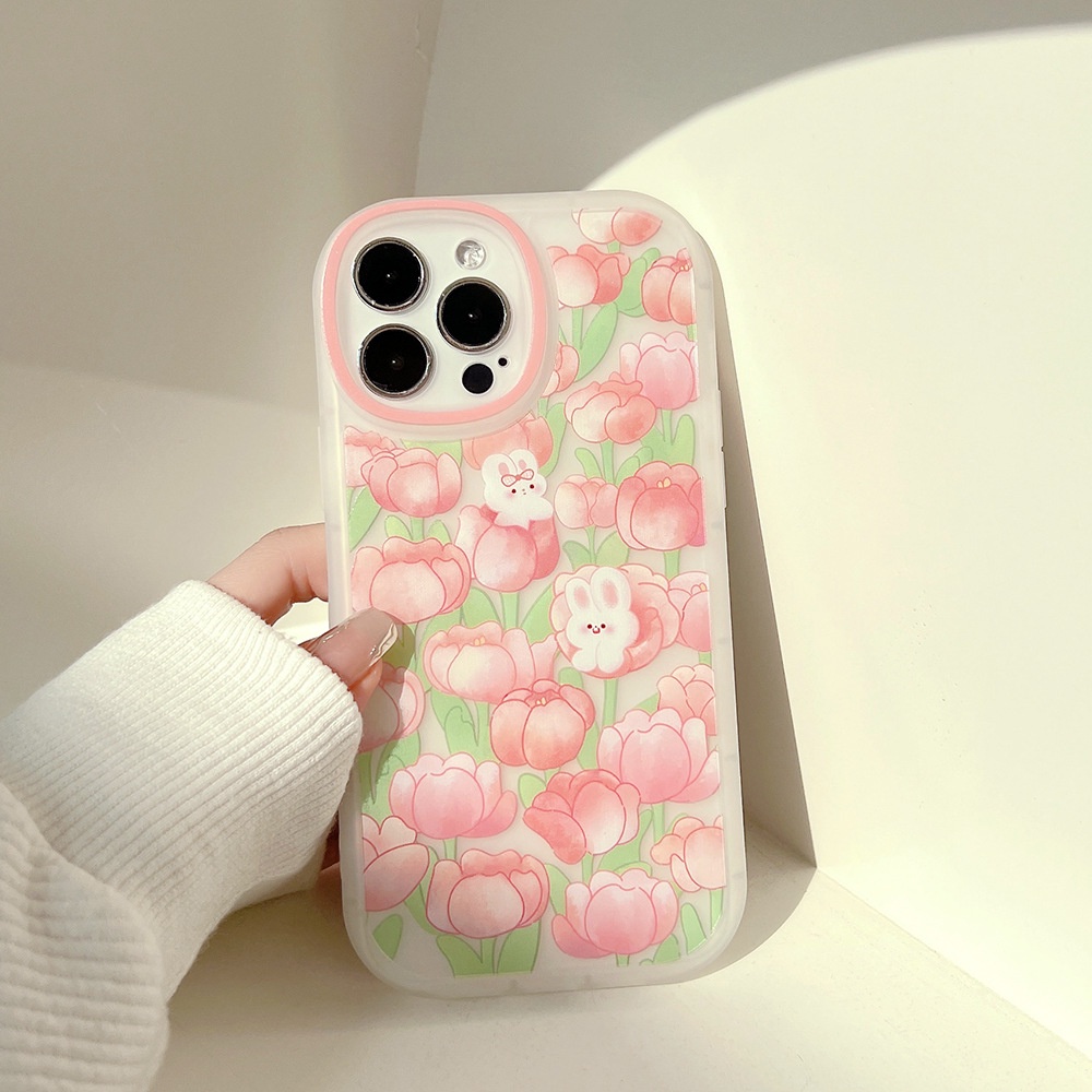 Ốp điện thoại TPU silicone dẻo họa tiết hoa tulip hồng và thỏ thích hợp cho iPhone 7 8 Plus 11 Pro Max 12 Mini 13 XR XS