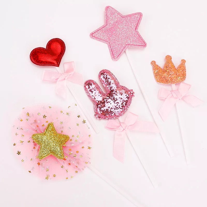 Bộ 5 Topper que cắm Tai thỏ + Vương miện trang trí bánh