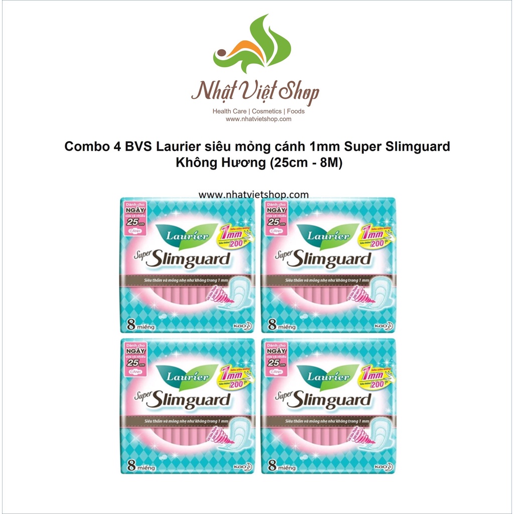 Combo 4 Gói Băng Vệ Sinh Laurier Siêu Mỏng Cánh 1mm Super Slimguard Không Hương (25cm-8M)