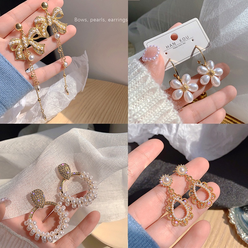 Bông Tai Bạc S925 Dáng Dài Đính Ngọc Trai Phối Tua Rua Kiểu Hàn Quốc Thời Trang Cho Nữ