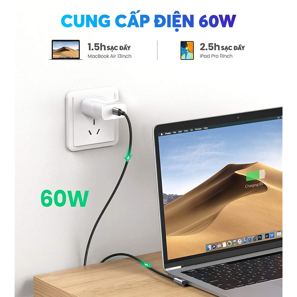 Cáp sạc và truyền dữ liệu 2 cổng USB type C, bẻ góc 90 độ, sạc nhanh PD 60W, dòng 3A dài 0.5-2m UGREEN US255 50123