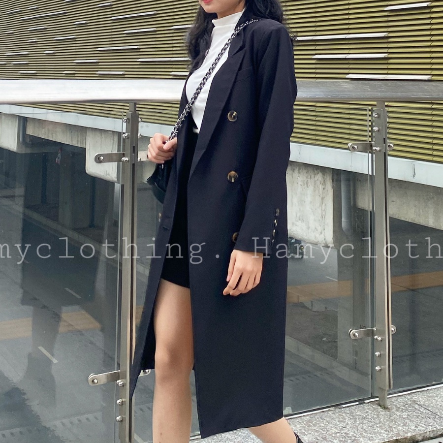 Áo mangto dáng dài lửng Hamy A-33 đai lưng hai lớp màu đen be nâu