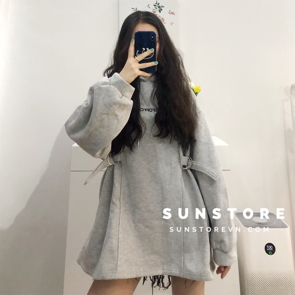 Áo hoodie có mũ tay dài 2 màu xám và đen Ulzzang