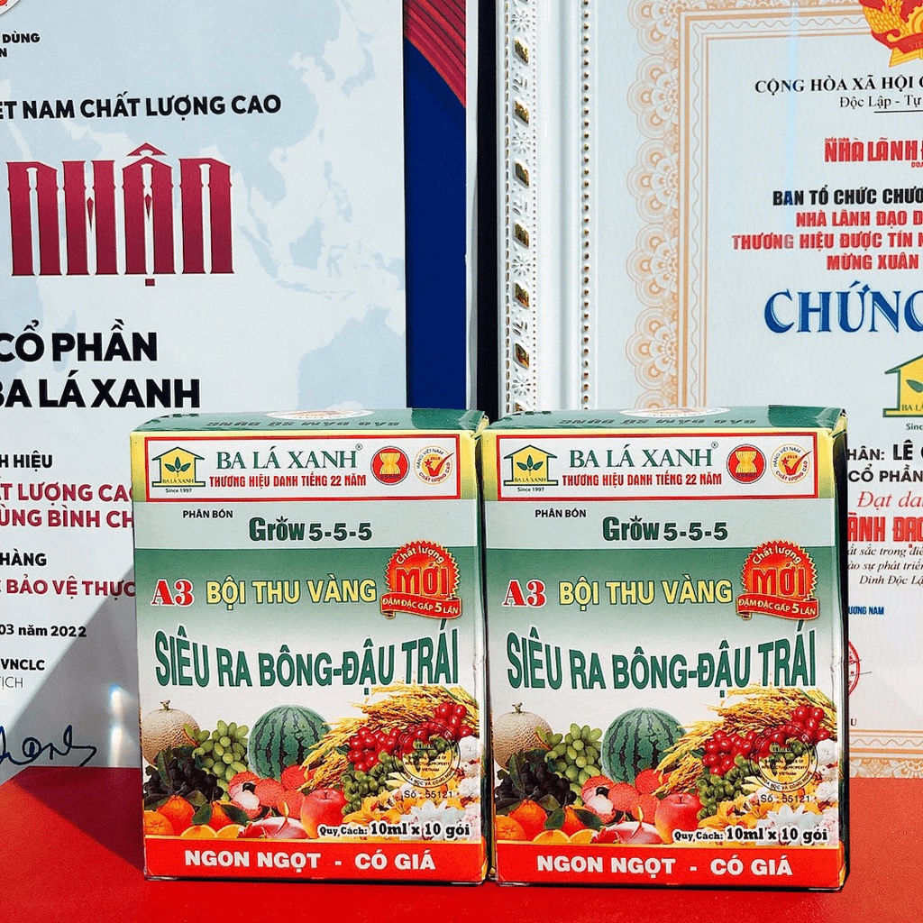 1 HỘP 10 GÓI A3 Bội Thu Vàng Grow 5-5-5 555 – Phân Bón Lá Siêu Ra Bông, Đậu Trái Ba Lá Xanh balaxanh