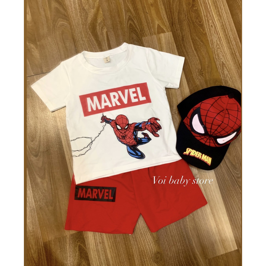 Set siêu nhân Marvel kèm mũ luỡi trai 3 chi tiết ⚡ HÀNG CÓ SẴN ⚡ Bộ mùa hè bé trai