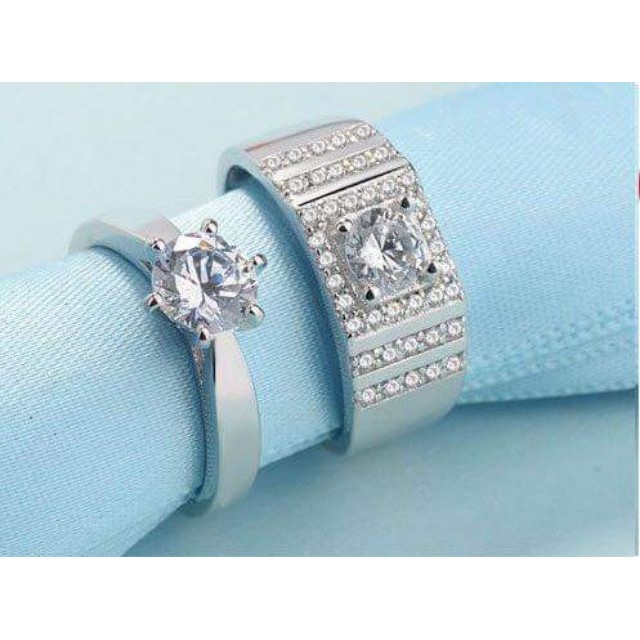 [Giá 1 đôi] Nhẫn cưới nhẫn đôi nam nữ bạc kim cương đại (nhân tạo) -Hàng nhập khẩu