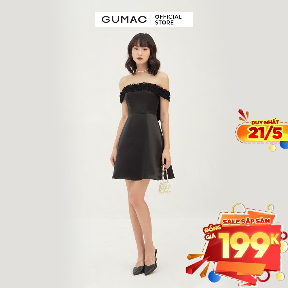 Đầm dự tiệc bẹt vai GUMAC thiết kế nhấn vai quyến rũ, màu đen đủ size DB383
