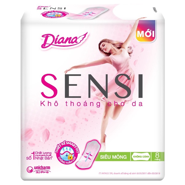 BĂNG VỆ SINH DIANA SENSI SIÊU MỎNG CÁNH/ KHÔNG CÁNH GÓI 8 MIẾNG