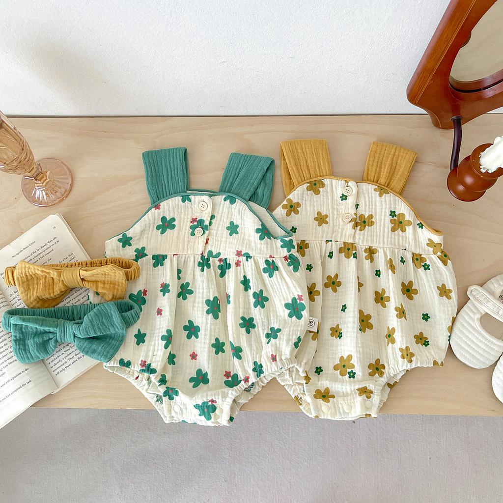 Set Áo liền quần Hoa + Băng Đô Cài Tóc Cho Bé Gái