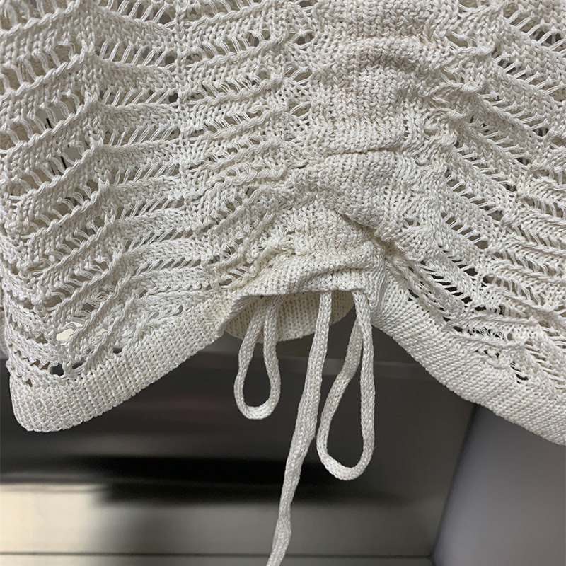 Áo Croptop Dệt Kim Tay Dài Chống Nắng Màu Sắc Trơn Phối Dây Rút Phong Cách Vintage Hàn Quốc Cho Nữ