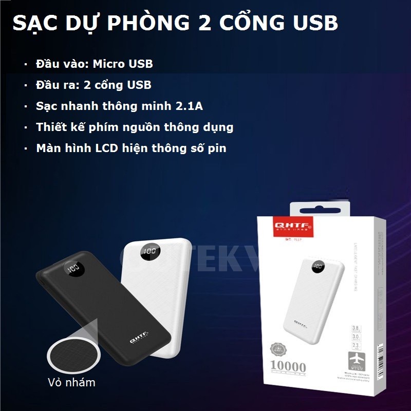 Pin Sạc dự phòng 10000mah 2 cổng usb sạc nhanh thông minh 2.1a – Gutek Q7117