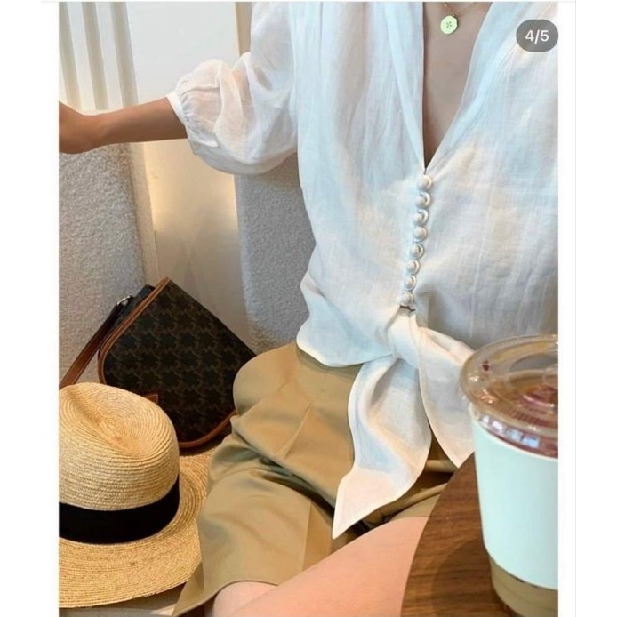 Set áo trắng nút bọc + short nude