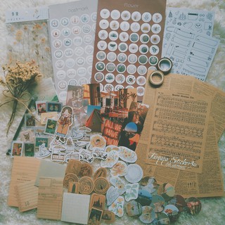 Combo trang trí sổ bullet journal phong cách vintage retro cổ điển theo tone màu màu xanh lá, xanh dương, đen, nâu