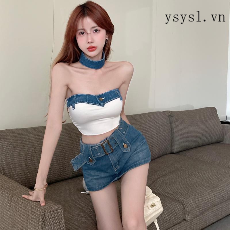 Hàng Có Sẵn Khuyến Mãi Hot Áo Ống Ngắn Denim Không Tay Phong Cách Hong Kong Quyến Rũ Cho Nữ