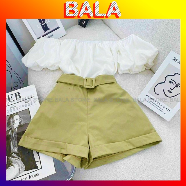 Set Áo Trắng Rớt Vai Tay Bồng + Quần Short Xanh Rêu Đứng Form Chất Cực Đẹp