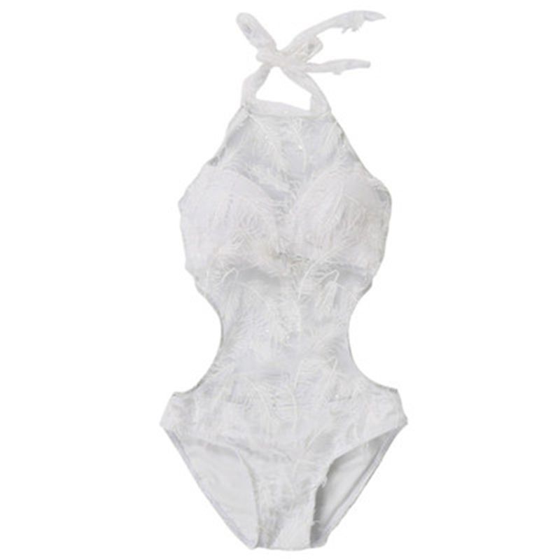 Korean-Style Chanel's Style Swimsuit Women's Feather One Piece Sexy Hot Spring Big and Small Chest Gathered Three-Point White Bikini