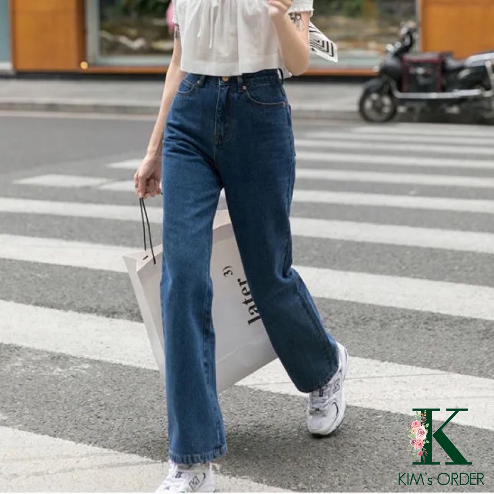 Quần jean ống đứng màu xanh đậm phom suông phong cách retro Hàn Quốc năng động cá tính đủ size loại đẹp | WebRaoVat - webraovat.net.vn