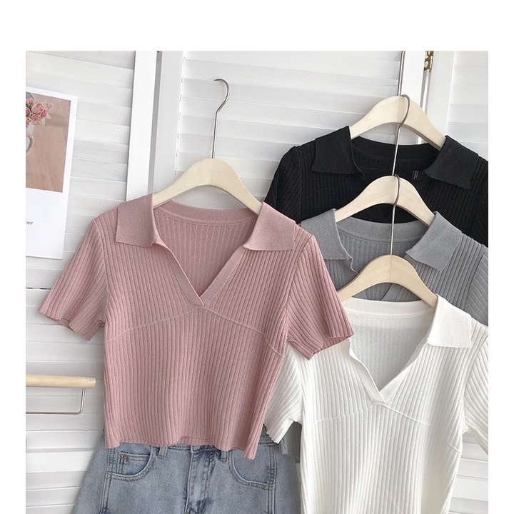 Áo thun nữ croptop polo len tăm kiểu cổ v tay ngắn đẹp - Áo đẹp hàng Quảng Châu cao cấp