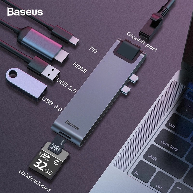 Hub chuyển Baseus Thunderbolt C Pro 7 in 1 Smart Hub cho Macbook Pro 2016/ 2017/ 2018 (Type C to C PD, 2x USB 3.0, HDMI