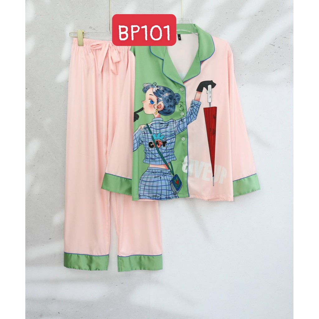 Đồ bộ mặc nhà cao cấp-Bộ ngủ pijama quần dài tay dài hình cô gái viền màu đễ thương chất lụa mịn mát cao cấp