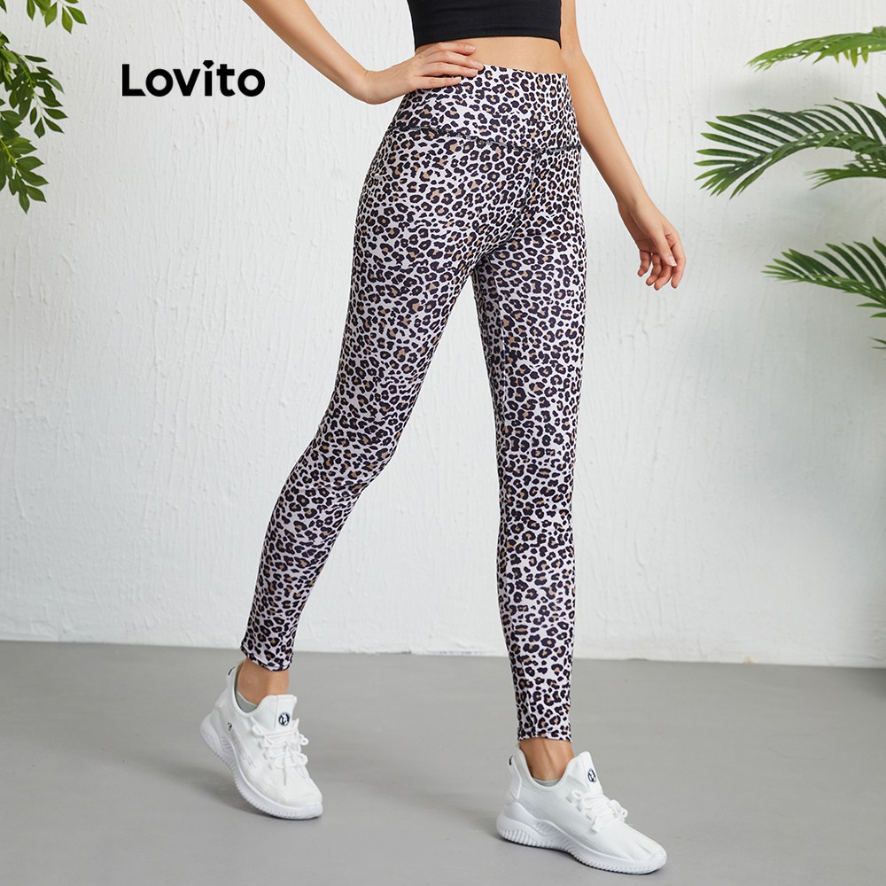 Quần legging Lovito lưng cao họa tiết da báo phong cách thể thao L09016 (màu vàng)