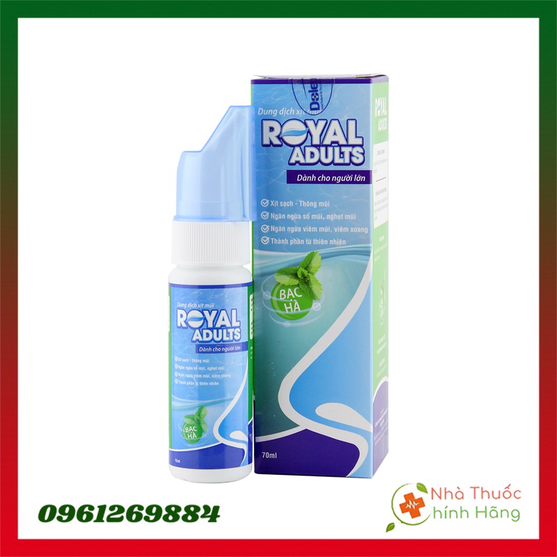 Royal Adults Tinh Dầu Bạc Hà - Dung Dịch Xịt Mũi Cho Người Lớn - Chai 70ml