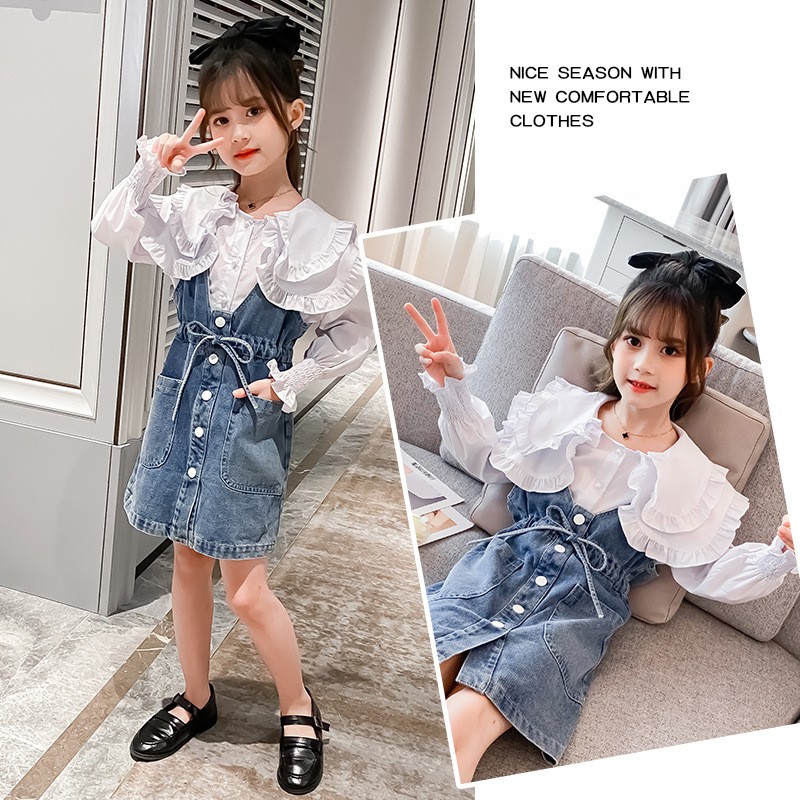 Đầm denim bé gái mùa thu thời trang váy dây thắt eo chân ôm