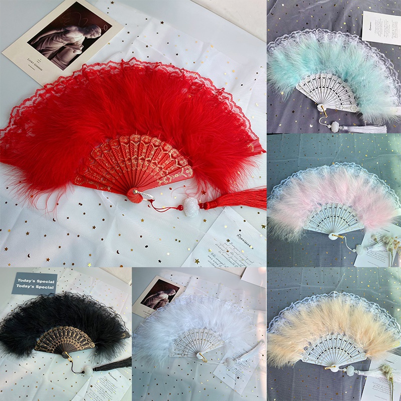 Quạt Xếp Gắn Lông Vũ Phối Ren Phong Cách Lolita Cổ Điển Độc Đáo Trang Trí Tiệc Cưới/ Tiệc Cưới