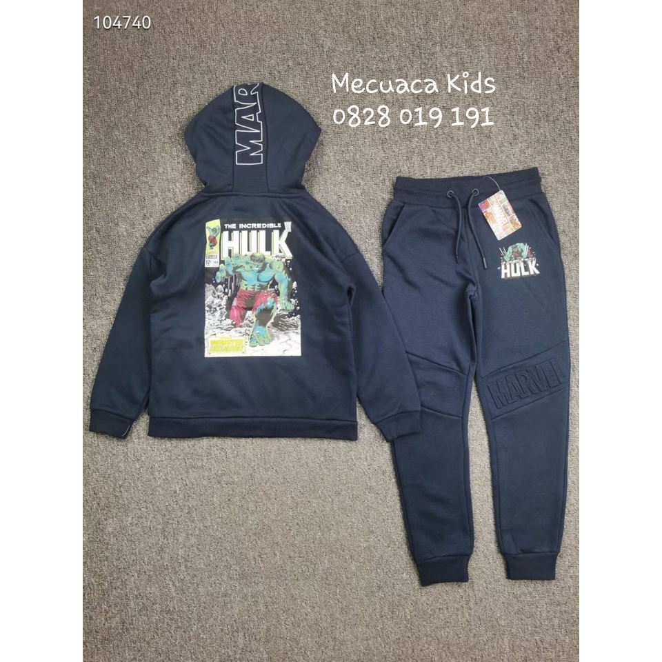 Bộ quần áo nỉ bông hoddie dài tay thu đông có mũ hulk marvel cho bé trai  TQXK xuất dư xịn