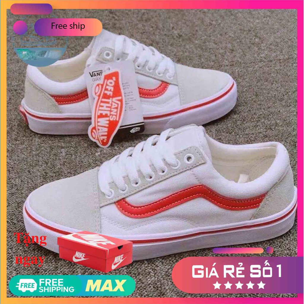 Giày thể thao vns old skool  trắng sóng đỏ da nộn, giày cho  nam và nữ, giày sneker giá rẻ vietmax86