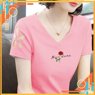 Áo Thun Nữ 💙FREESHIP💙 Áo Phông Nữ In Hoa, Cổ Trái Tim TD07