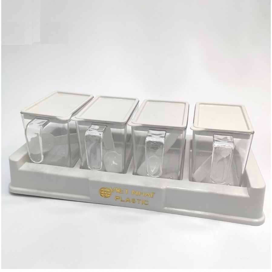 Bộ 4 Lọ Gia Vị Có Thìa Muỗng Nhựa Việt Nhật - Hũ Đựng Gia Vị Có Nắp Đậy