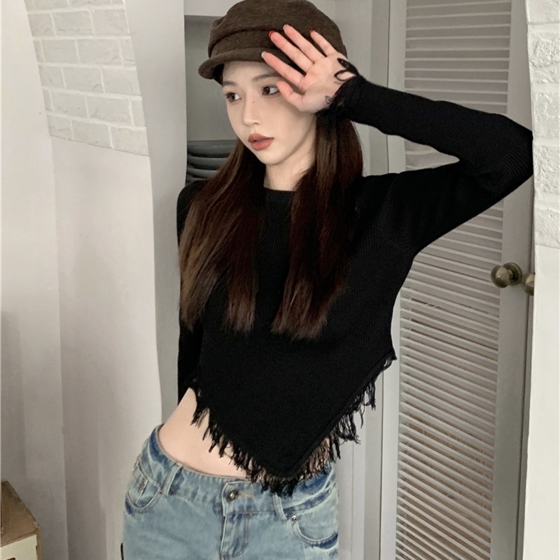 Áo Sweater Tay Dài Cổ Tròn Phối Tua Rua Thời Trang Mùa Thu Cho Nữ