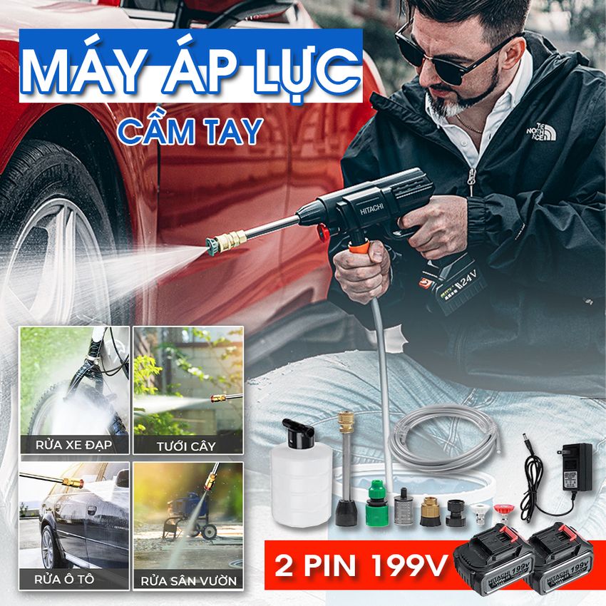 Máy rửa xe cao áp cầm tay dùng pin 10 Cell áp lực cao dùng cho ô tô xe máy xa đạp tưới cây rửa điều hòa Hitachi 199v