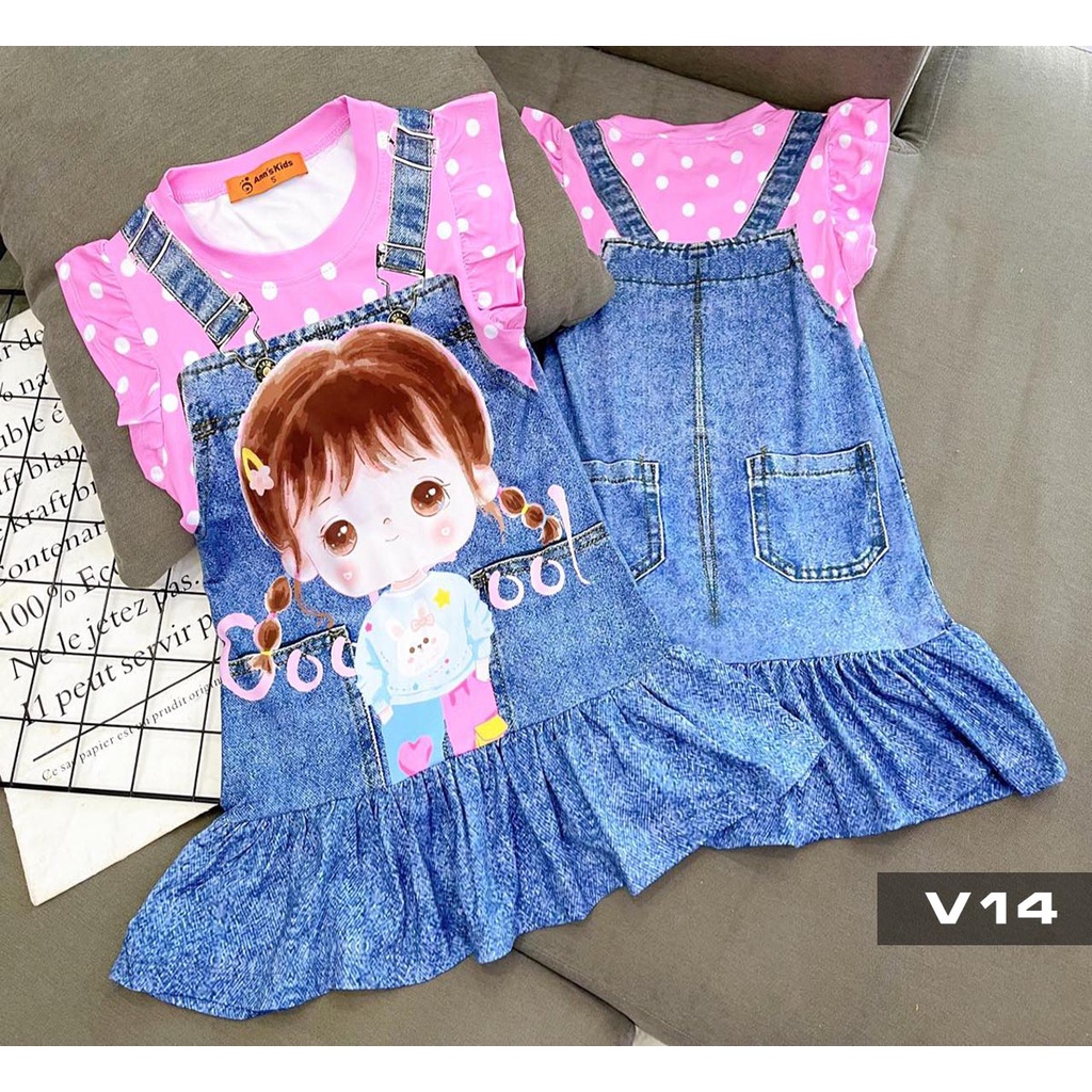 Sét váy thun lạnh in 3D yếm jean xinh xắn cho bé gái