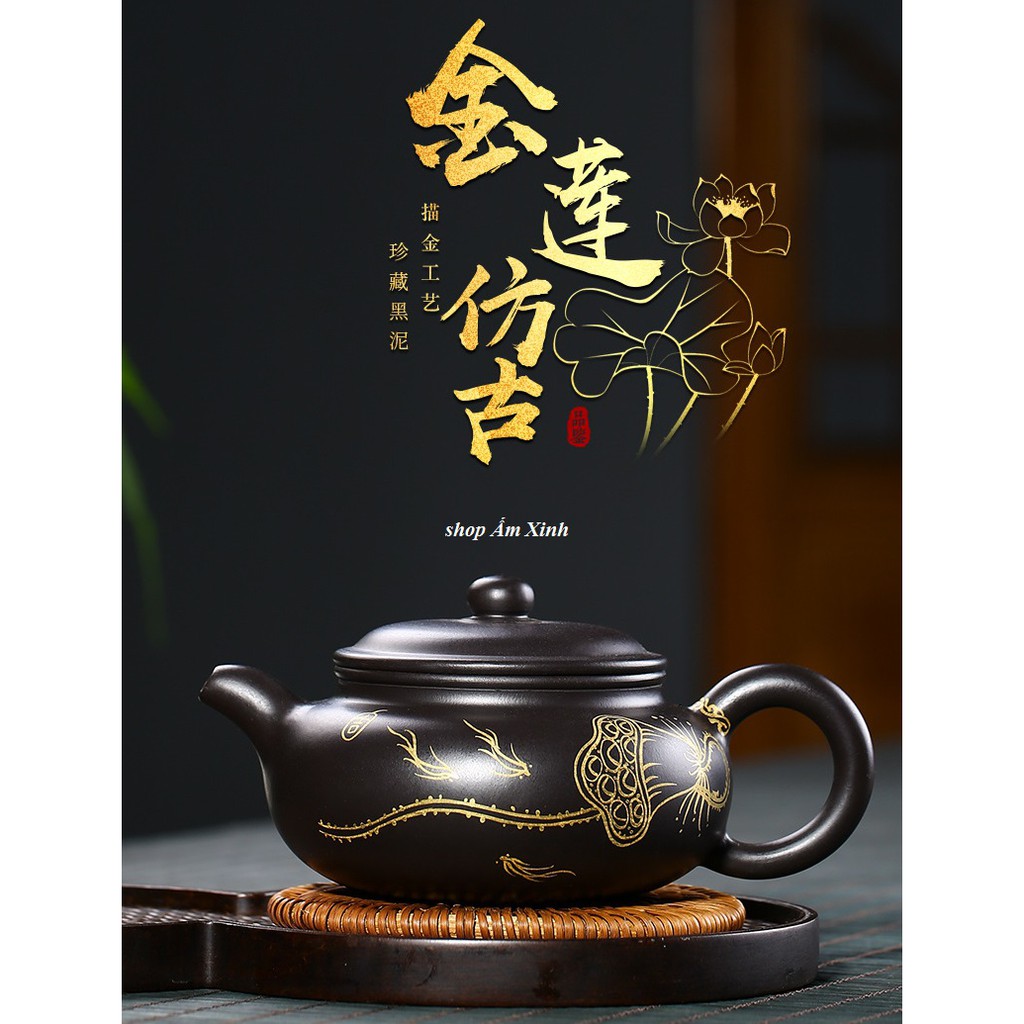 Ấm Tử Sa Nghi Hưng Phỏng Cổ Liên Hoa 185 ml Vẽ Vàng 24 K (Hắc Nê)