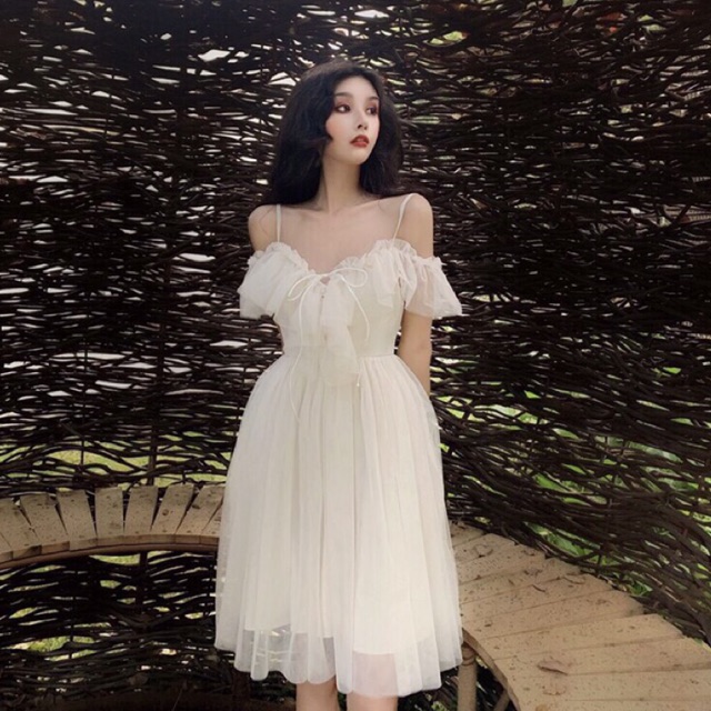 Đầm tiểu thư 2 dây cổ tim hở vai (FreeShip Extra)