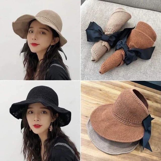 Mũ nón cói rộng vành nửa đầu có thắt nơ