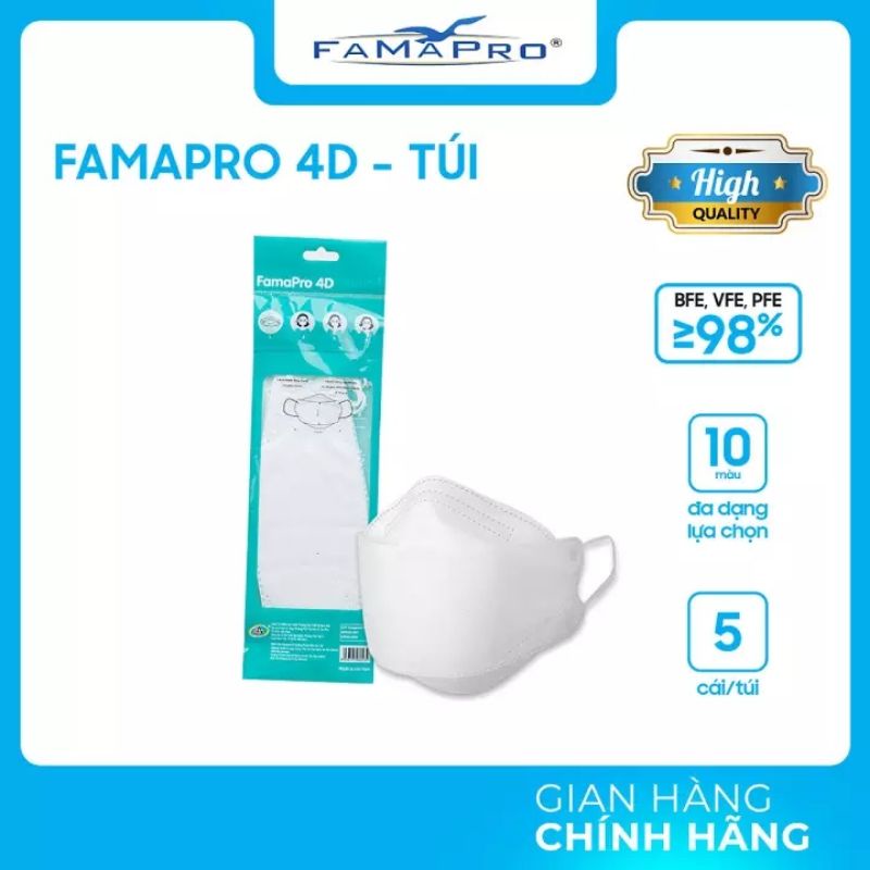 Khẩu trang kháng khuẩn KF94 cao cấp Khẩu trang y tế 4D Famapro Túi 10 cái đủ màu