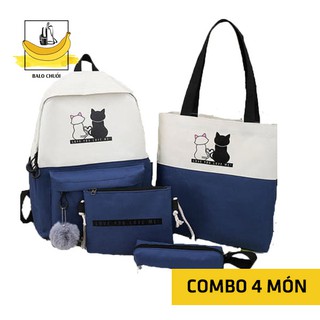 [COMBO 4 MÓN] Balo nữ đi học 4 món CẶP MÈO TRẮNG ĐEN - 5 màu